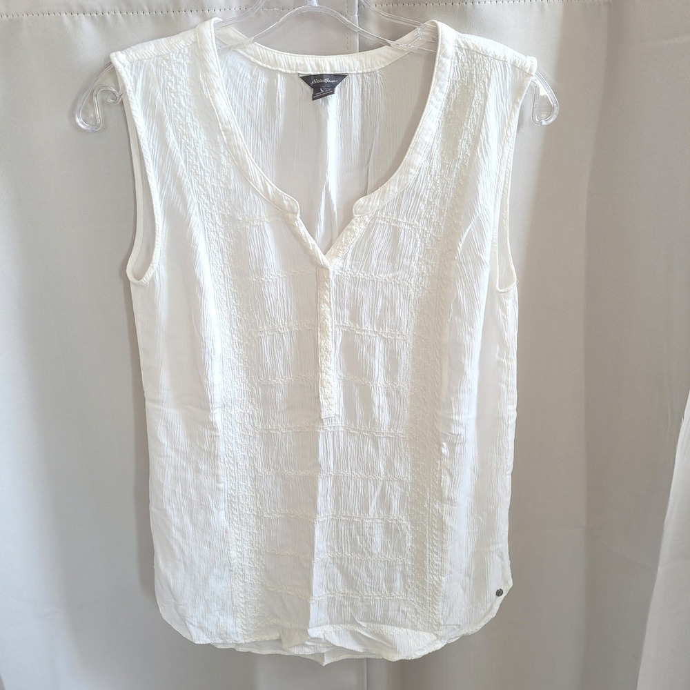 Eddie Bauer Womens Top XS Gauze Pintuck Peasant Coastal Travel Neutral 21839